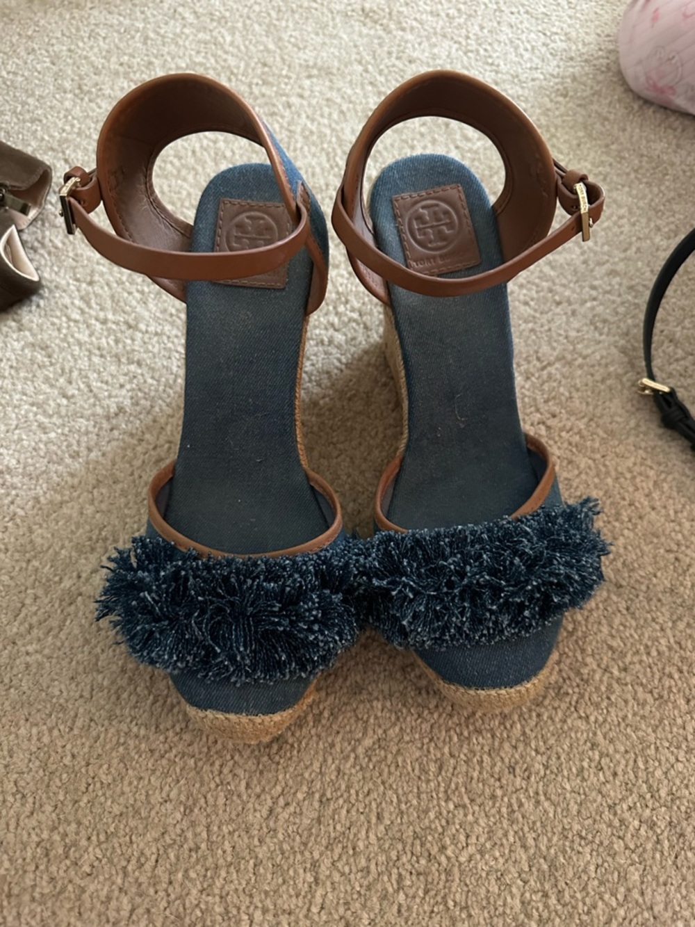 Tory Burch Denim Pom-Pom Espadrille Wedge Sandals with Brown Straps